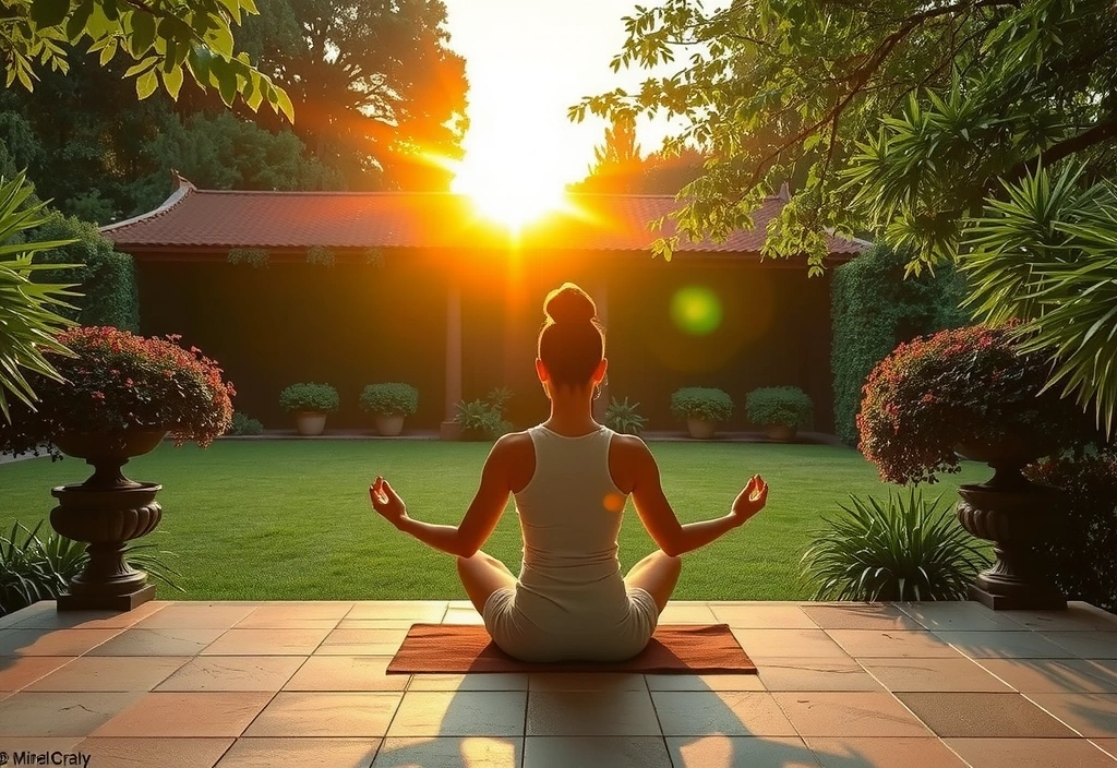 A person meditating in a serene garden at sunrise