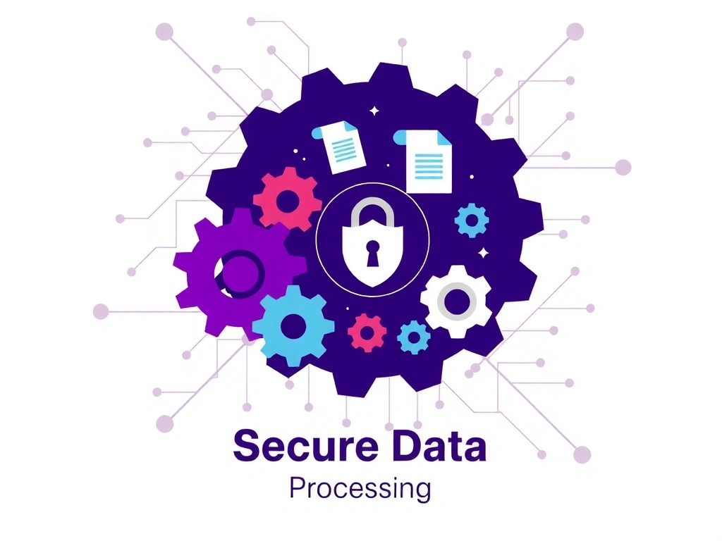 Secure data processing illustration with gears and protected documents